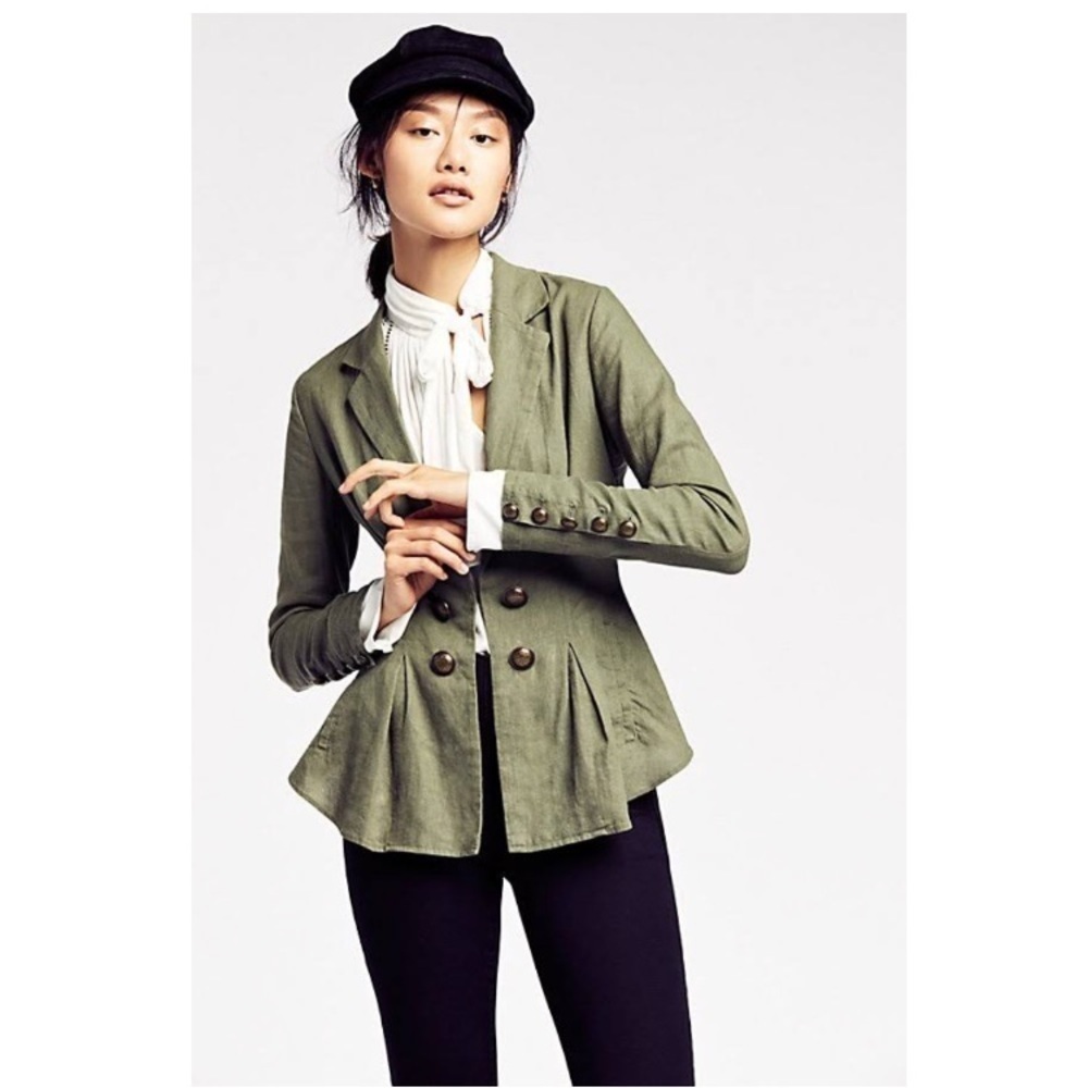 Free People Cinched Waist Linen Blazer Olive Green Size XS